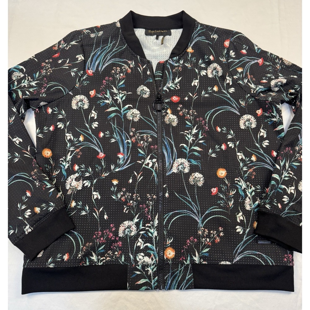 Donna Karen Active Women's Sz L Bomber Jacket Black Floral Lightweight Romantic